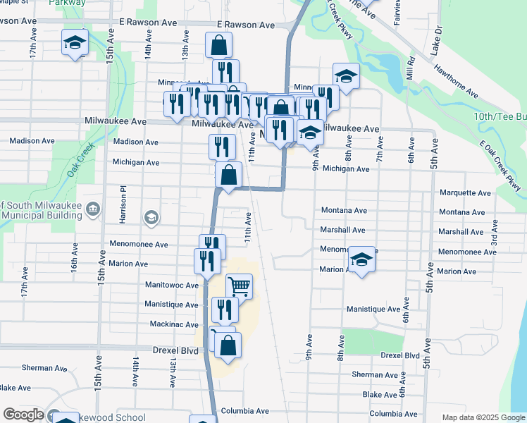 map of restaurants, bars, coffee shops, grocery stores, and more near 1015 Marquette Avenue in South Milwaukee