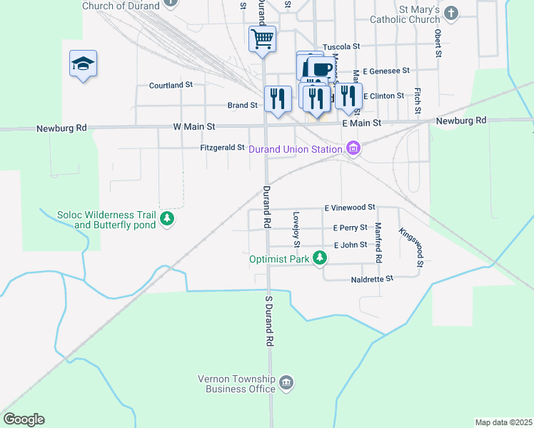 map of restaurants, bars, coffee shops, grocery stores, and more near 502 South Oak Street in Durand