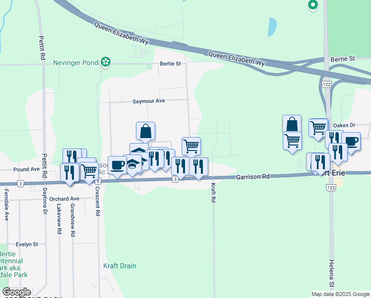 map of restaurants, bars, coffee shops, grocery stores, and more near 1143 Spears Road in Fort Erie