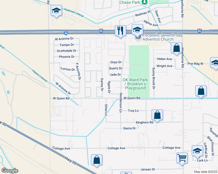 map of restaurants, bars, coffee shops, grocery stores, and more near 1621 Garnet Drive in Pocatello