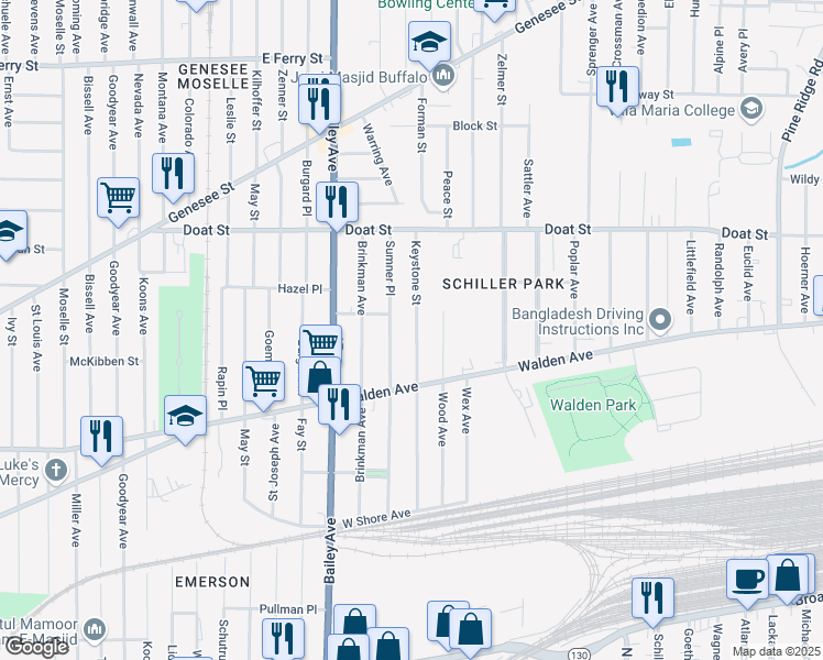 map of restaurants, bars, coffee shops, grocery stores, and more near 211 Keystone Street in Buffalo
