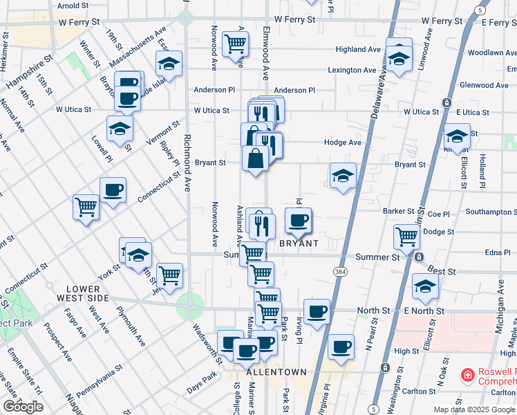 map of restaurants, bars, coffee shops, grocery stores, and more near 382 Elmwood Avenue in Buffalo