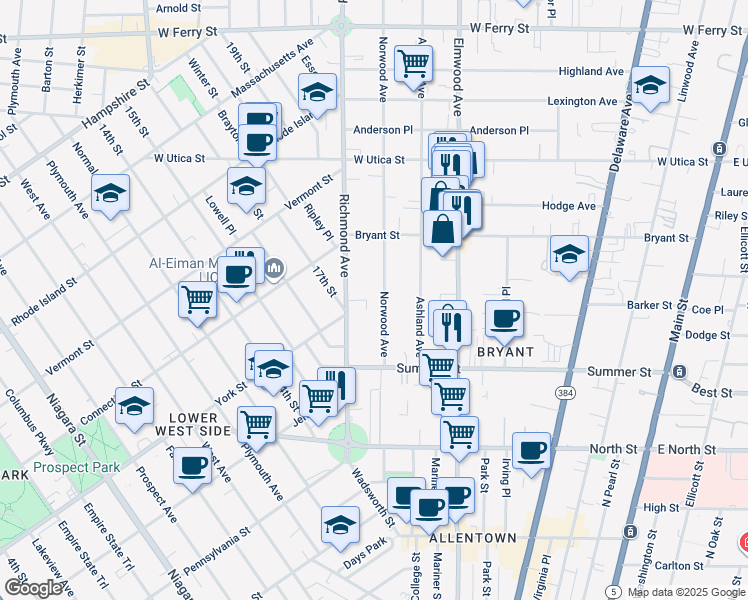 map of restaurants, bars, coffee shops, grocery stores, and more near 96 Norwood Avenue in Buffalo