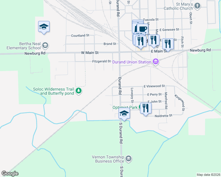 map of restaurants, bars, coffee shops, grocery stores, and more near 100 Maple Street in Durand