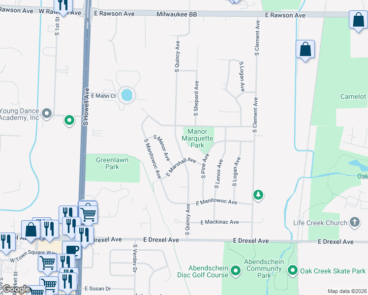 map of restaurants, bars, coffee shops, grocery stores, and more near 7530 South Quincy Avenue in Oak Creek