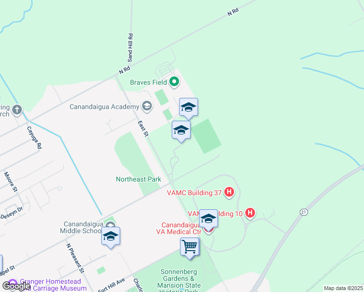 map of restaurants, bars, coffee shops, grocery stores, and more near 435 East Street in Canandaigua