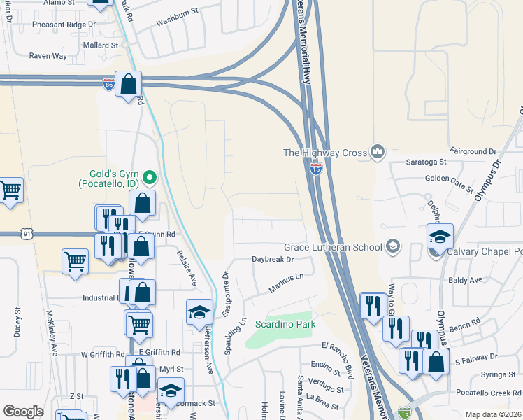 map of restaurants, bars, coffee shops, grocery stores, and more near East Veterans Memorial Highway in Pocatello