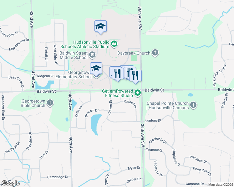map of restaurants, bars, coffee shops, grocery stores, and more near 7584 Brewer Drive in Hudsonville