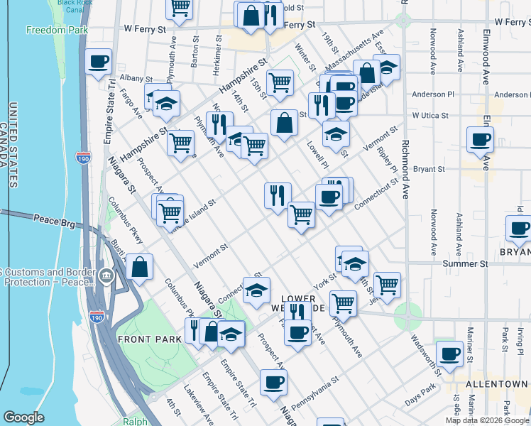 map of restaurants, bars, coffee shops, grocery stores, and more near 353 Plymouth Avenue in Buffalo