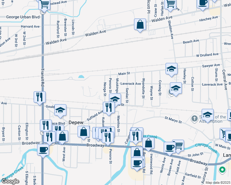 map of restaurants, bars, coffee shops, grocery stores, and more near 537 Penora Street in Depew