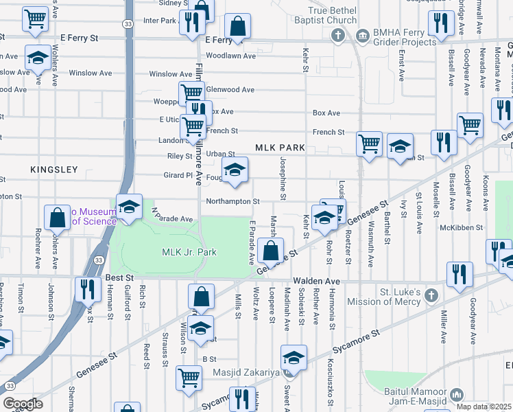 map of restaurants, bars, coffee shops, grocery stores, and more near 145 East Parade Avenue in Buffalo