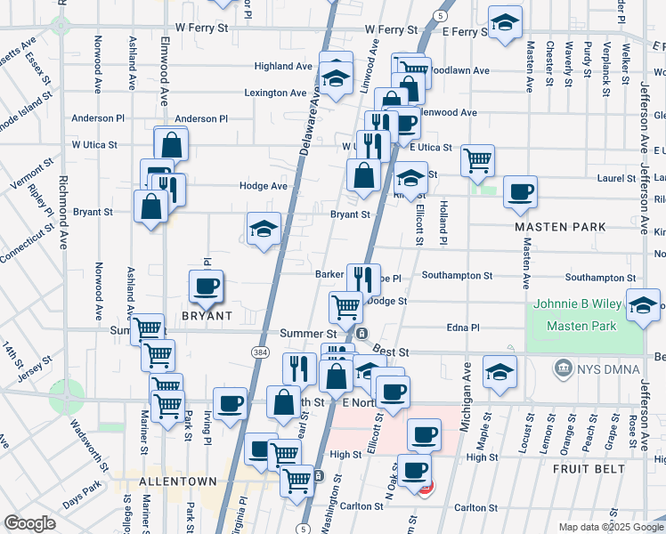 map of restaurants, bars, coffee shops, grocery stores, and more near 1236 Main Street in Buffalo