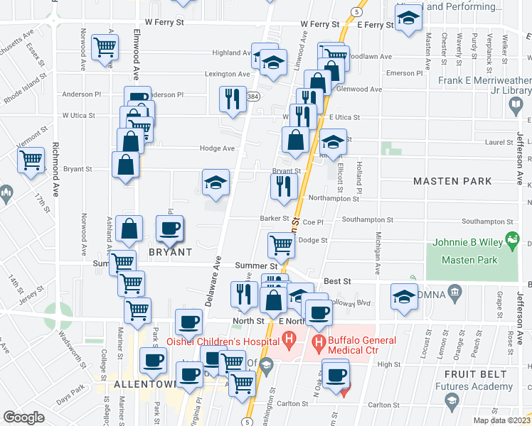 map of restaurants, bars, coffee shops, grocery stores, and more near 186 Linwood Avenue in Buffalo