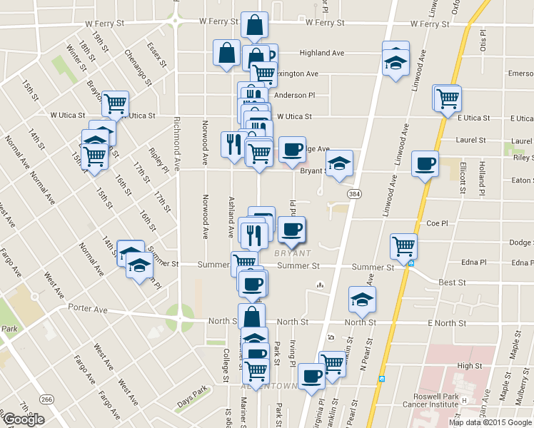 map of restaurants, bars, coffee shops, grocery stores, and more near 90 Oakland Place in Buffalo