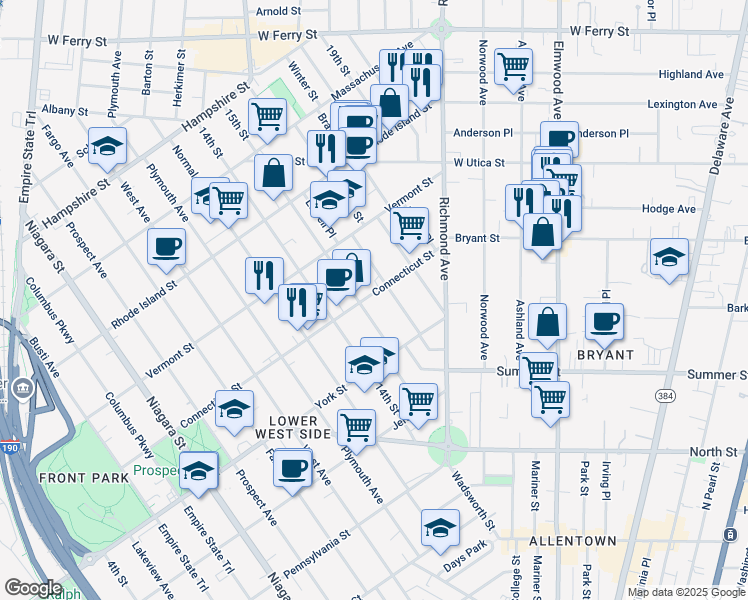 map of restaurants, bars, coffee shops, grocery stores, and more near 454 Connecticut Street in Buffalo