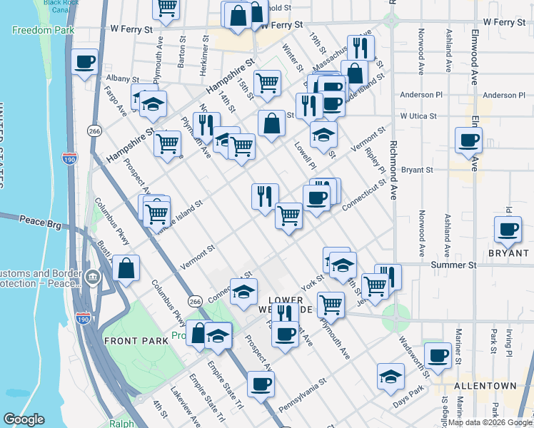 map of restaurants, bars, coffee shops, grocery stores, and more near 248 Vermont Street in Buffalo