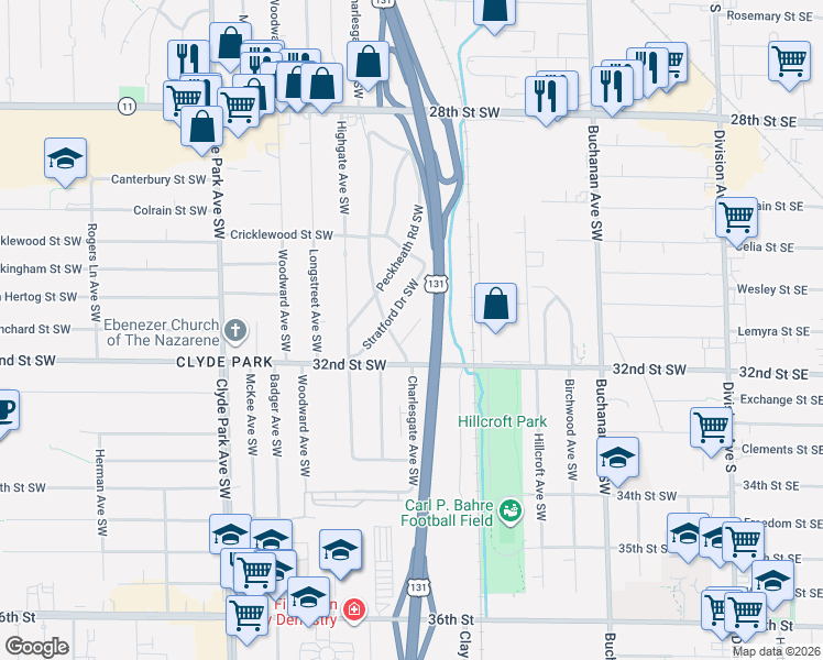 map of restaurants, bars, coffee shops, grocery stores, and more near 3124 Stratford Drive Southwest in Wyoming