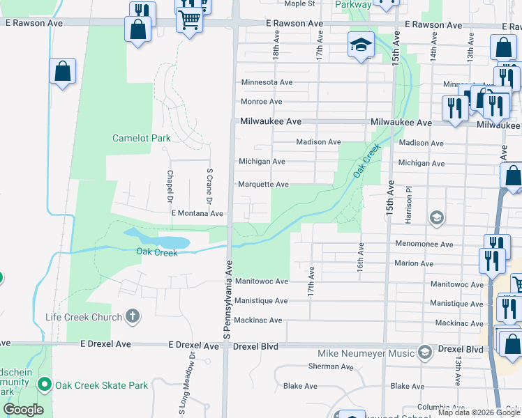 map of restaurants, bars, coffee shops, grocery stores, and more near 1801 Marquette Avenue in South Milwaukee