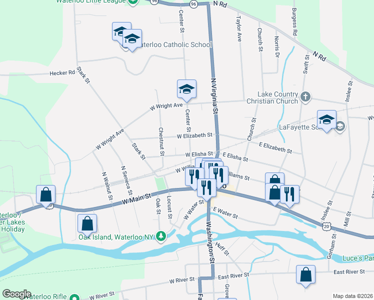 map of restaurants, bars, coffee shops, grocery stores, and more near 20 West Elisha Street in Waterloo
