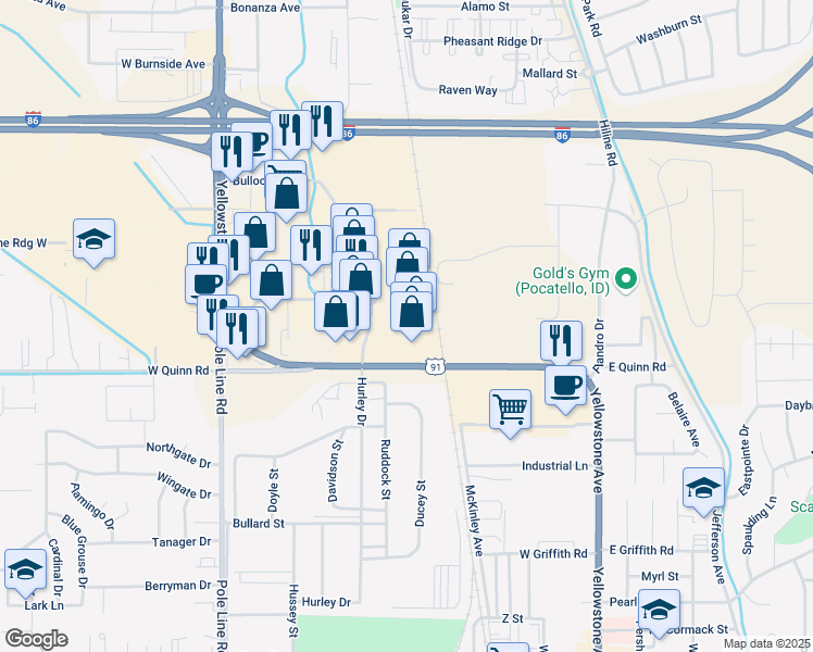 map of restaurants, bars, coffee shops, grocery stores, and more near 1710 Hurley Drive in Pocatello