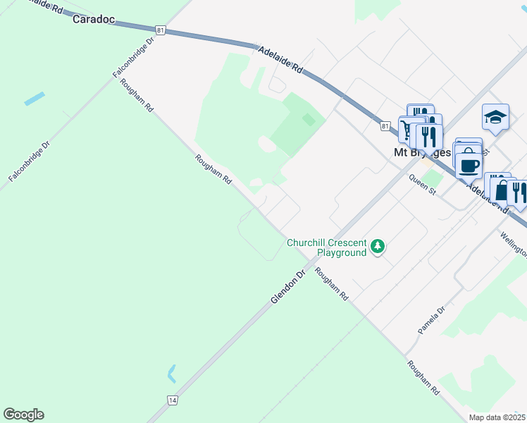 map of restaurants, bars, coffee shops, grocery stores, and more near 21 Armstrong Street in Mount Brydges