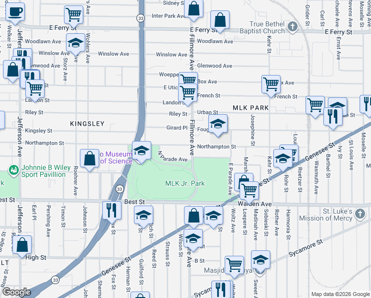 map of restaurants, bars, coffee shops, grocery stores, and more near 722 Northampton Street in Buffalo