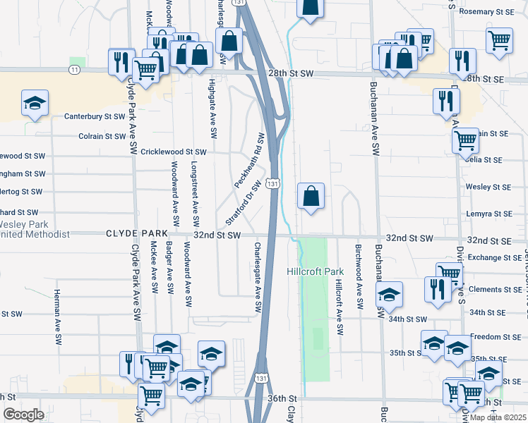 map of restaurants, bars, coffee shops, grocery stores, and more near 3140 Copley Street Southwest in Wyoming
