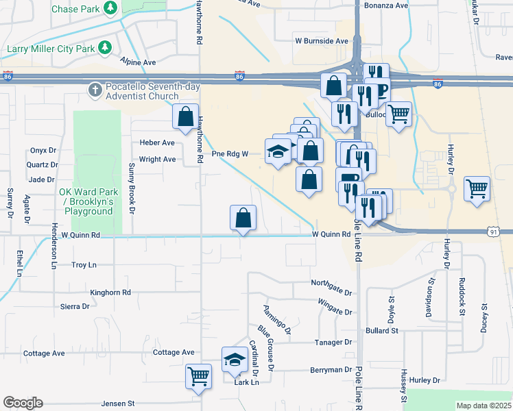 map of restaurants, bars, coffee shops, grocery stores, and more near 1052 West Quinn Road in Chubbuck