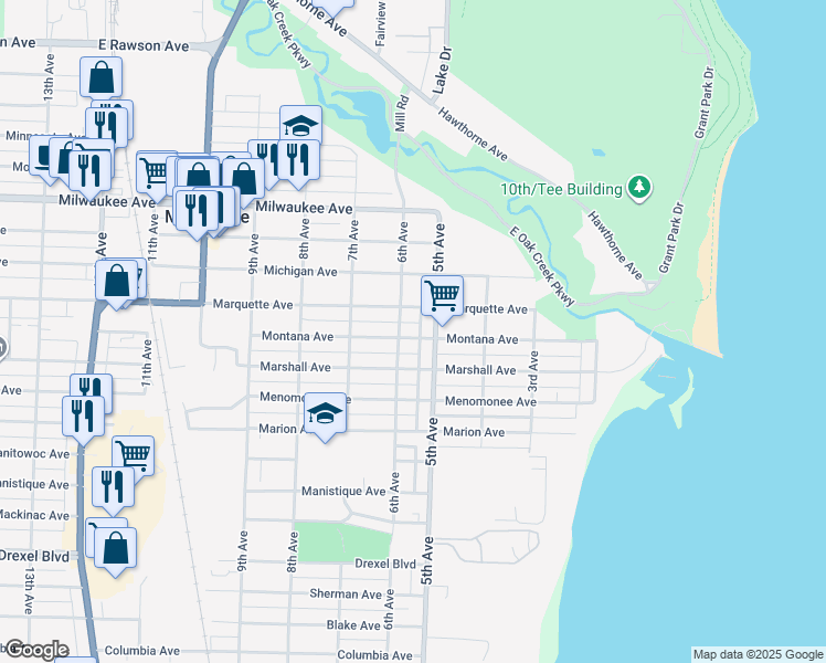 map of restaurants, bars, coffee shops, grocery stores, and more near 2402 5th Avenue in South Milwaukee