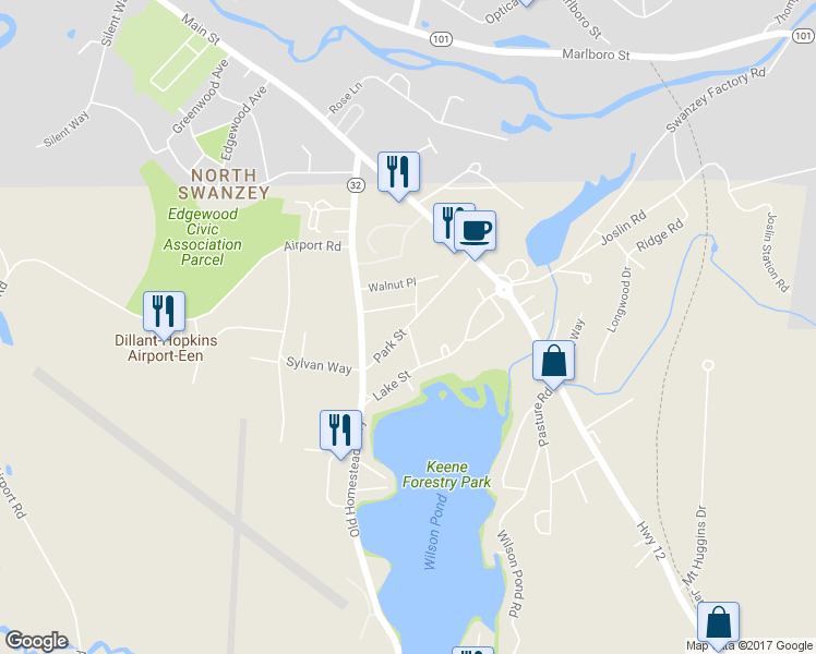 map of restaurants, bars, coffee shops, grocery stores, and more near 9 Park Street in Keene