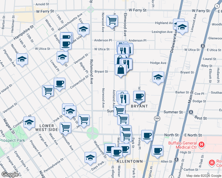 map of restaurants, bars, coffee shops, grocery stores, and more near 96 Ashland Avenue in Buffalo