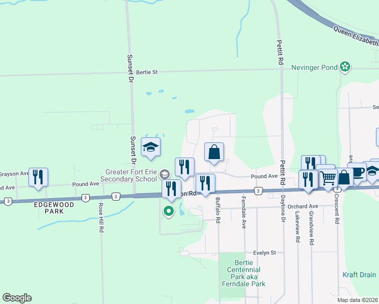map of restaurants, bars, coffee shops, grocery stores, and more near 1141 Green Acres Drive in Fort Erie