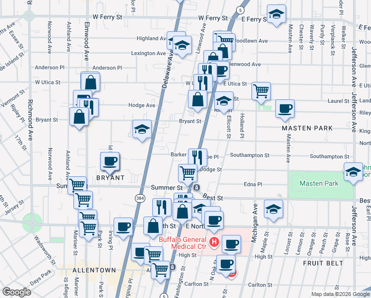 map of restaurants, bars, coffee shops, grocery stores, and more near 1236 Main Street in Buffalo