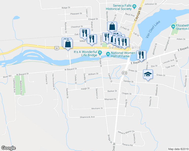 map of restaurants, bars, coffee shops, grocery stores, and more near 11 William Street in Seneca Falls