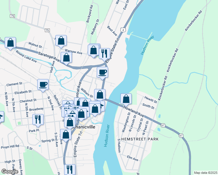 map of restaurants, bars, coffee shops, grocery stores, and more near 17 East Saratoga Avenue in Mechanicville