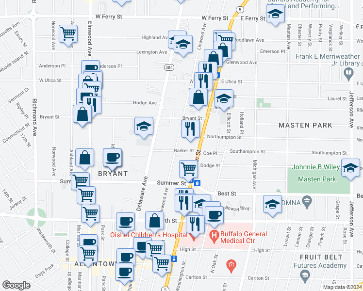 map of restaurants, bars, coffee shops, grocery stores, and more near 1236 Main Street in Buffalo