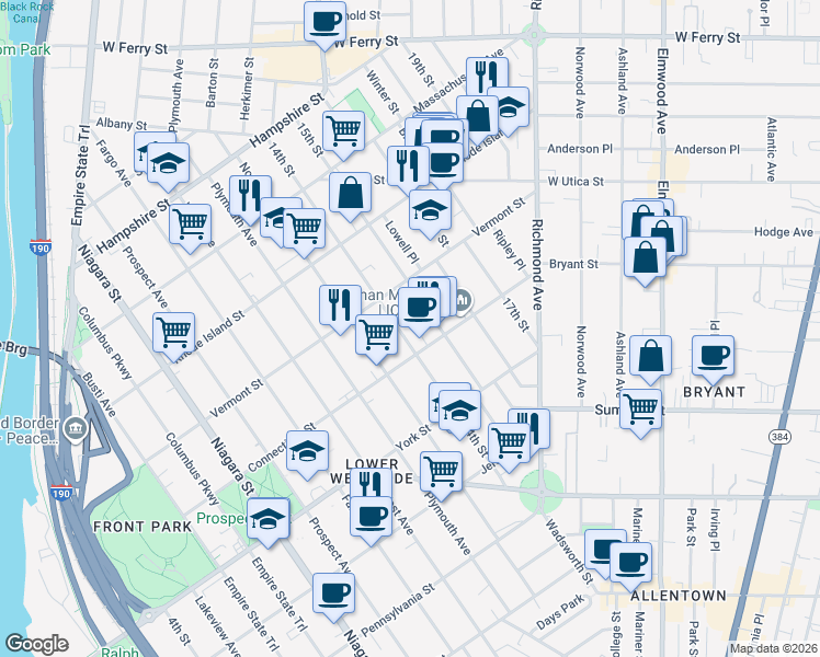 map of restaurants, bars, coffee shops, grocery stores, and more near 98 15th Street in Buffalo