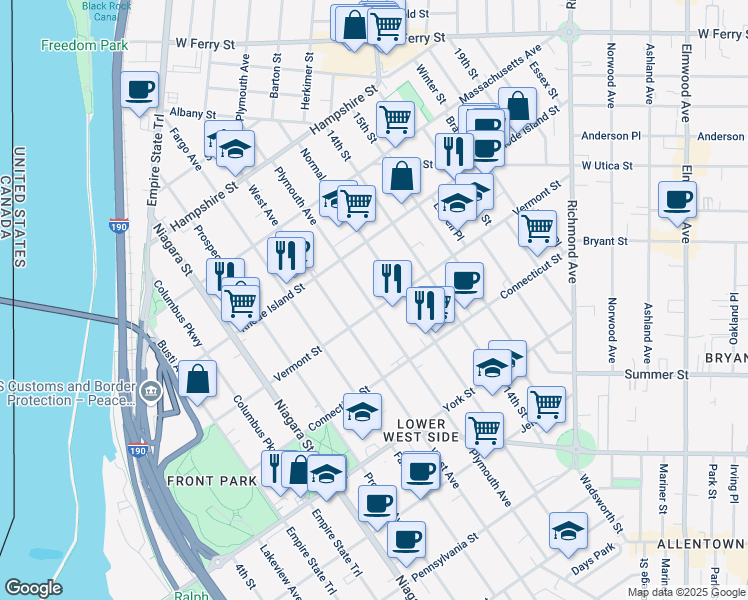 map of restaurants, bars, coffee shops, grocery stores, and more near in Buffalo
