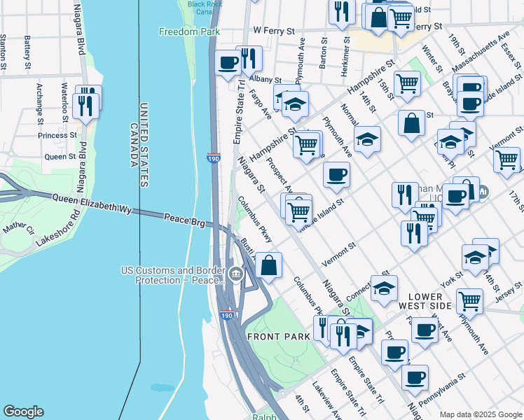 map of restaurants, bars, coffee shops, grocery stores, and more near 52 Massachusetts Avenue in Buffalo