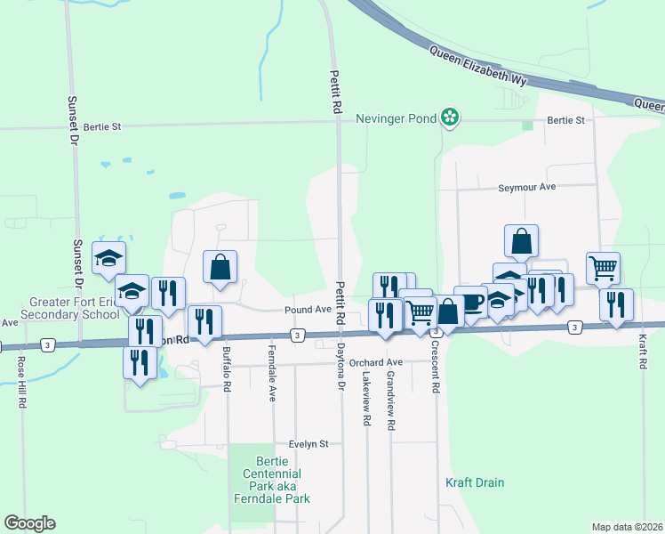 map of restaurants, bars, coffee shops, grocery stores, and more near 1159 Pettit Road in Fort Erie