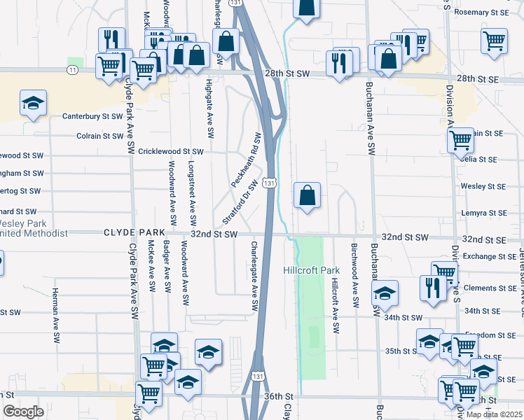 map of restaurants, bars, coffee shops, grocery stores, and more near 3116 Copley Street Southwest in Wyoming