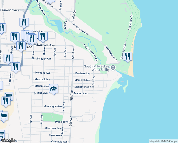 map of restaurants, bars, coffee shops, grocery stores, and more near 321 Marquette Avenue in South Milwaukee