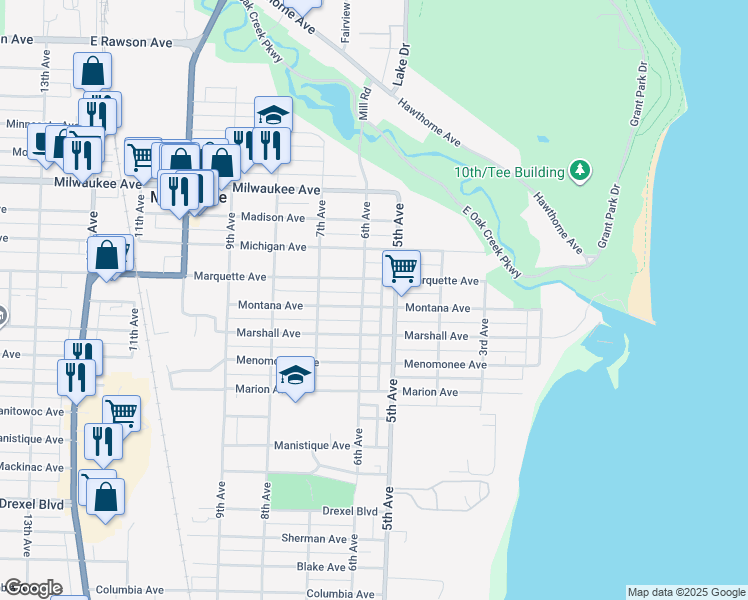 map of restaurants, bars, coffee shops, grocery stores, and more near 2402 5th Avenue in South Milwaukee