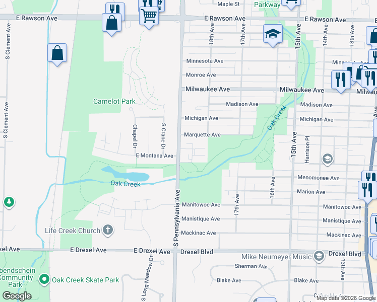 map of restaurants, bars, coffee shops, grocery stores, and more near 2415 Nicholson Avenue in South Milwaukee