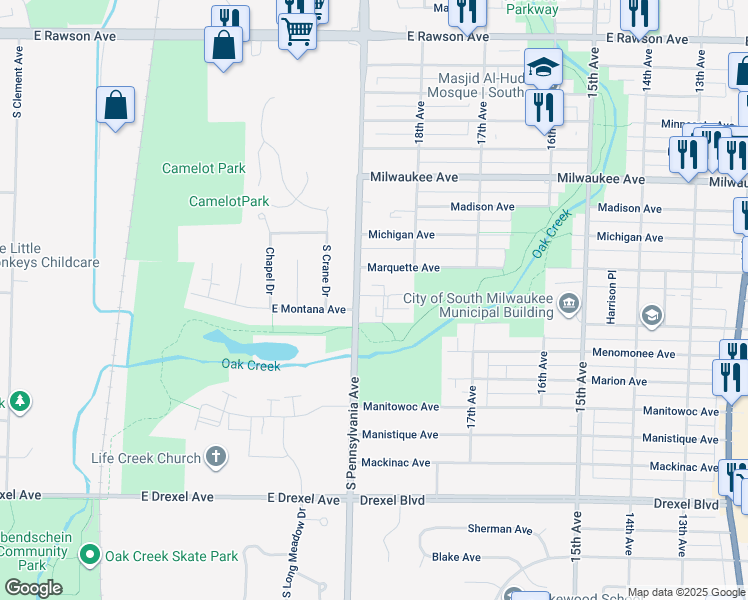 map of restaurants, bars, coffee shops, grocery stores, and more near 2415 Nicholson Avenue in South Milwaukee