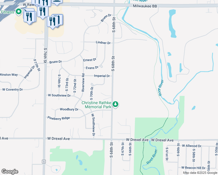map of restaurants, bars, coffee shops, grocery stores, and more near 7534 South 69th Street in Franklin