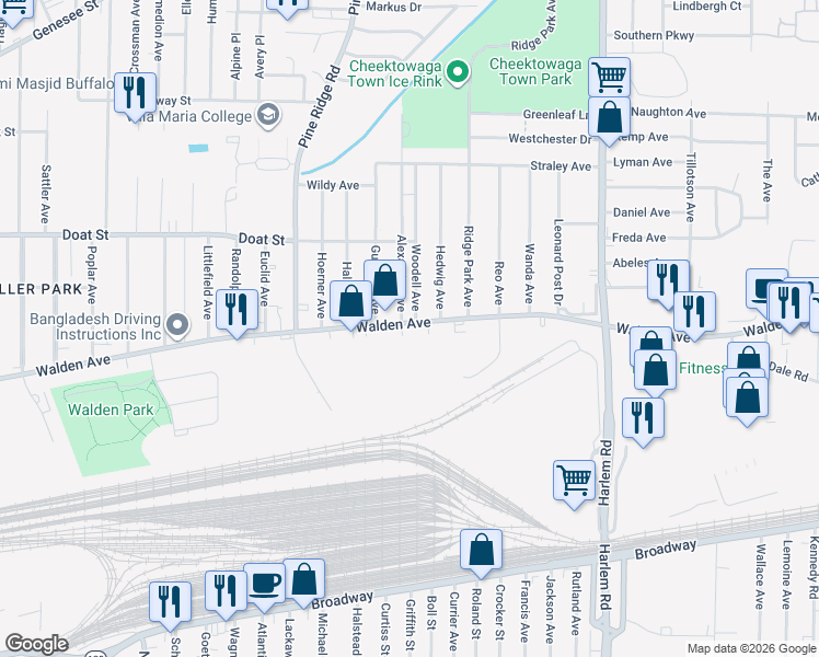 map of restaurants, bars, coffee shops, grocery stores, and more near 1195 Walden Avenue in Buffalo