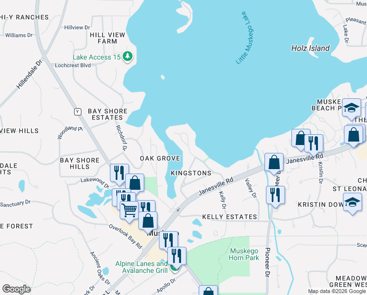 map of restaurants, bars, coffee shops, grocery stores, and more near W186S7547 Kingston Drive in Muskego
