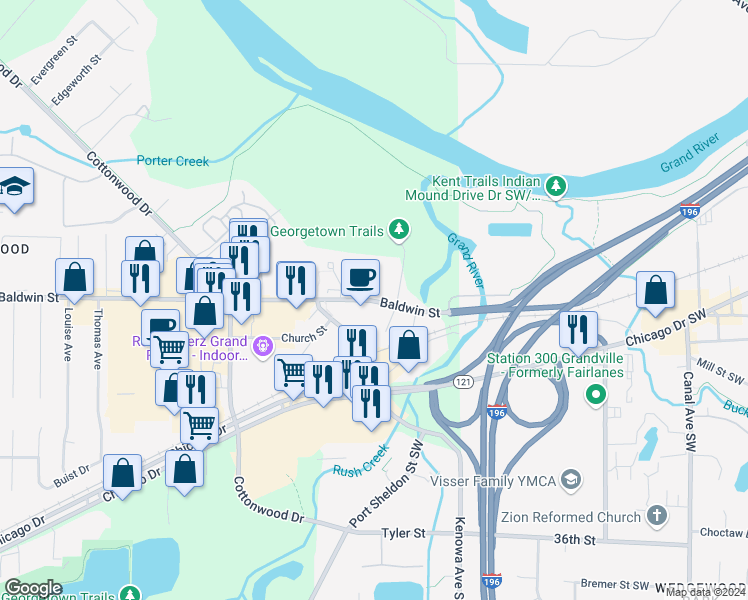 map of restaurants, bars, coffee shops, grocery stores, and more near 165 Baldwin Street in Georgetown charter Township