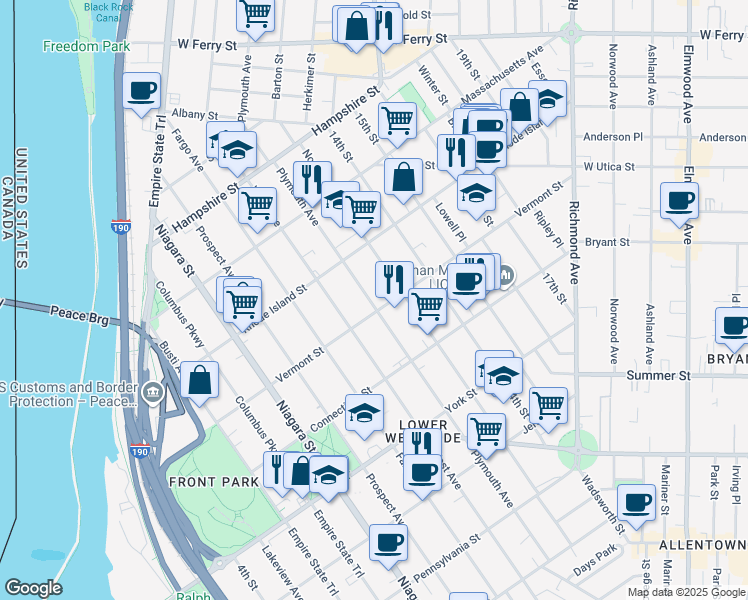 map of restaurants, bars, coffee shops, grocery stores, and more near in Buffalo